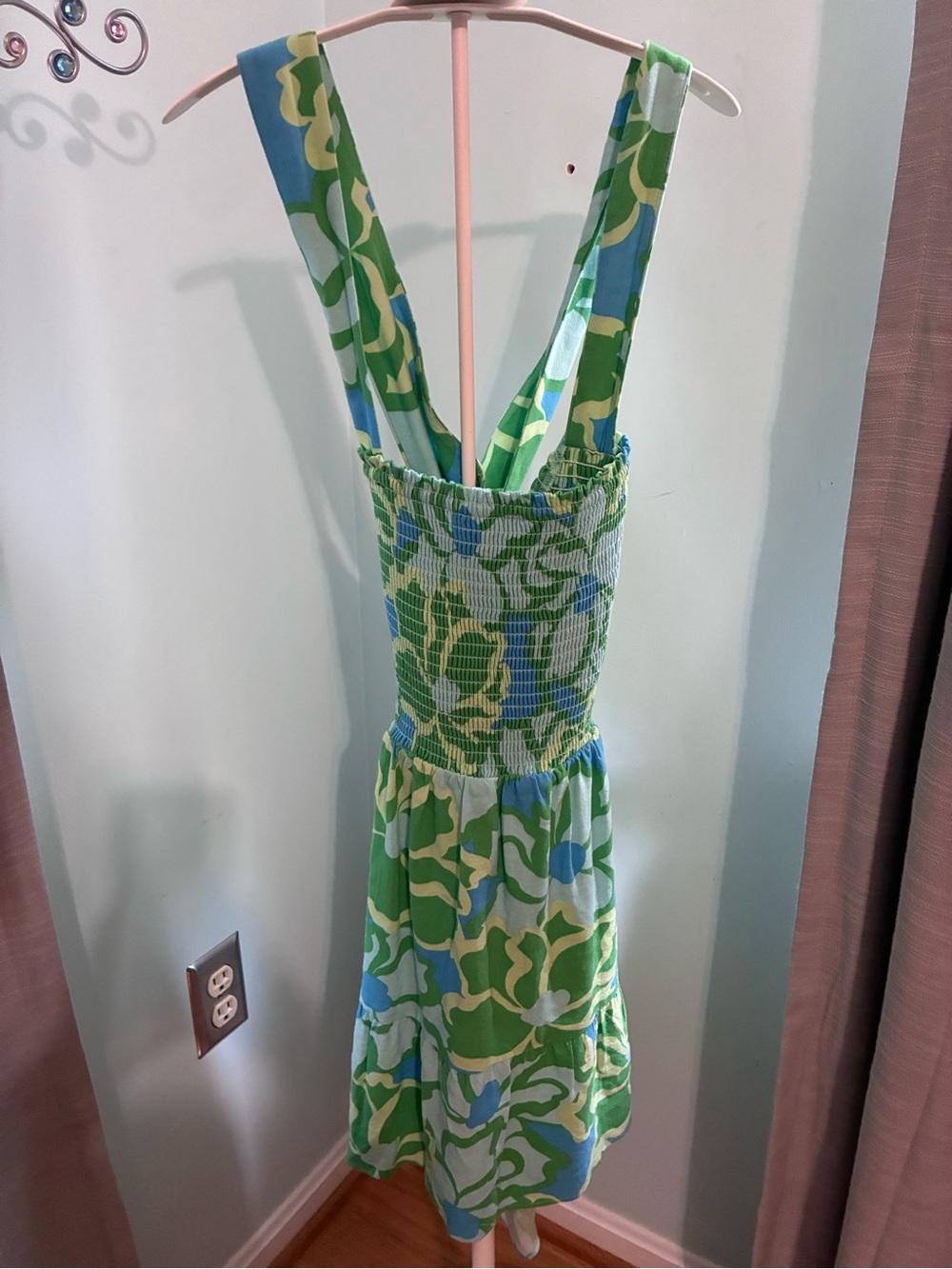 Show Me Your MuMu Green, Blue & White Floral Smocked Mini Dress